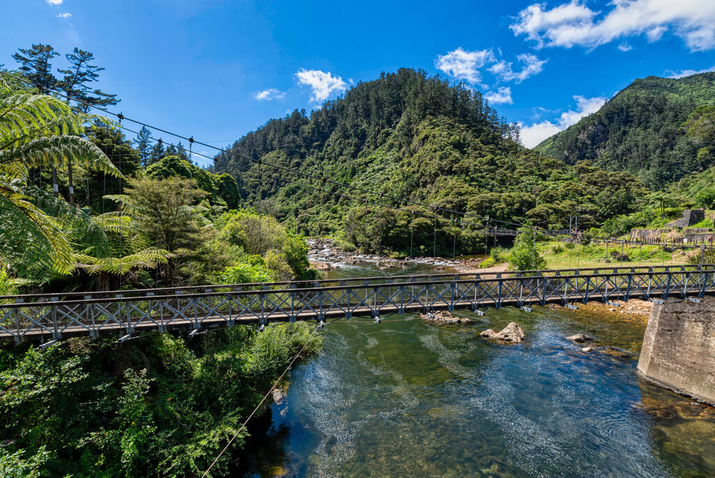 Suspension bridge in the Karangahake Gorge. One of the dog-friendly walks in the region.