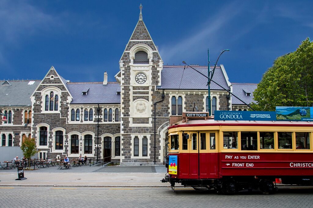 Tram passing the Art Centre in Christchurch. Credit: ChristchurchNZ