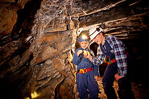 Two people underground at Central Deborah Gold Mine | Tasman Holiday Parks Bendigo
