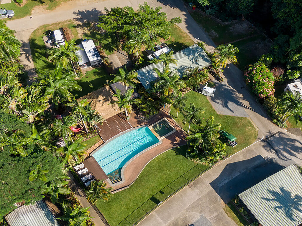 Aerial view of the Swimming Pool | Tasman Holiday Parks - Cairns Cool Waters