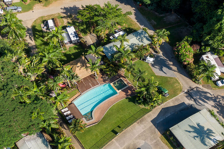 Aerial view of the Swimming Pool | Tasman Holiday Parks - Cairns Cool Waters