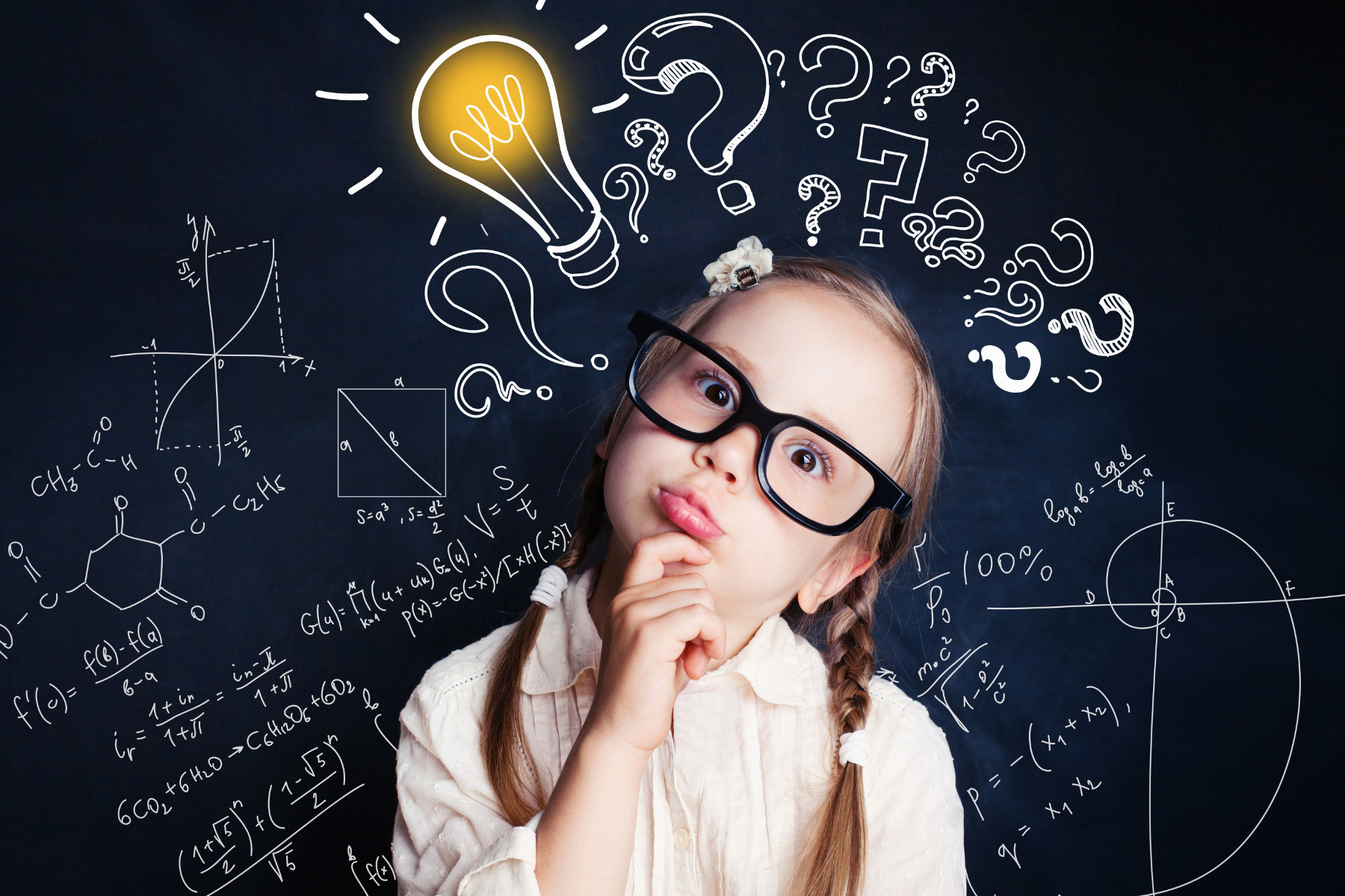 A young girl with glasses appears thoughtful, touching her chin, standing in front of a blackboard filled with mathematical formulas, graphs, and doodles of question marks. A glowing light bulb illustrates a creative or insightful idea.