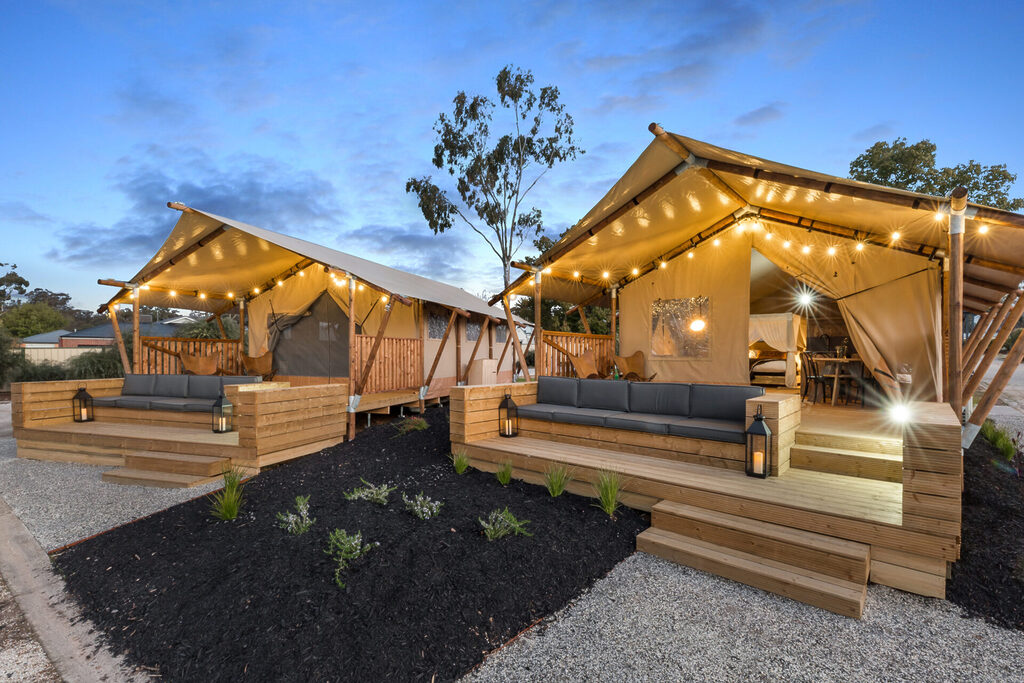 Exterior Glamping Miners Tents with lights | Tasman Holiday Parks Bendigo