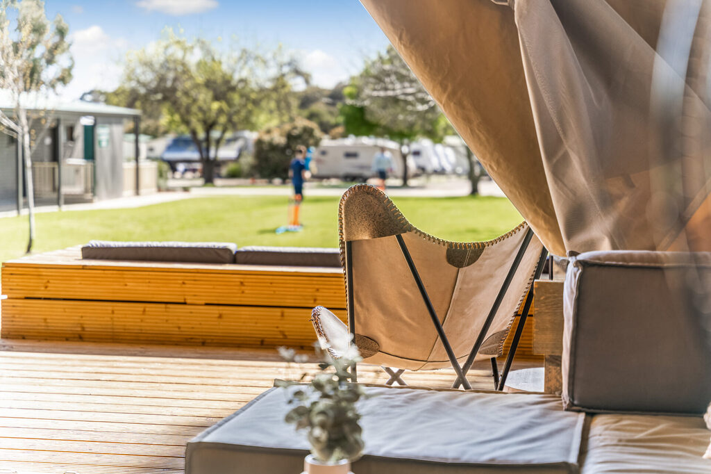 Glamping tent dining and living space | Tasman Holiday Parks Bendigo