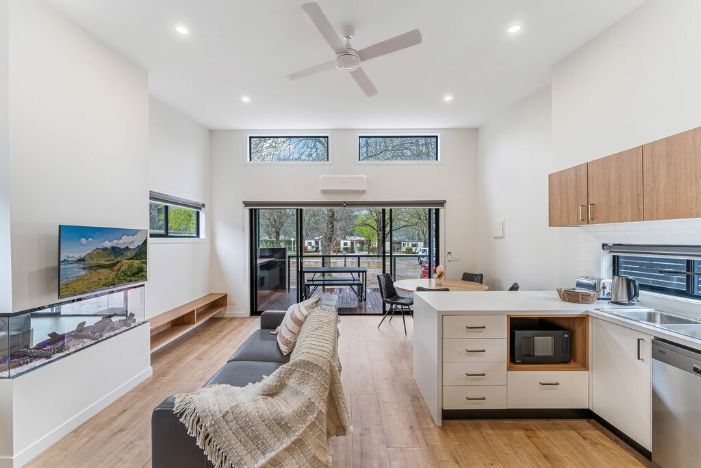 Kitchen and living area of 2 bedroom villa at Tasman Holiday Parks South Bright