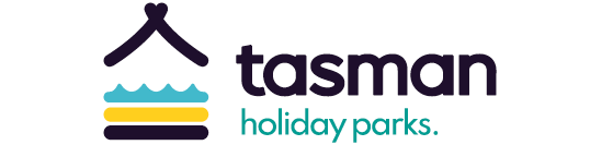 Logo of Tasman Holiday Parks. It features a stylized tent with blue and yellow stripes below and the text "tasman holiday parks" to the right.