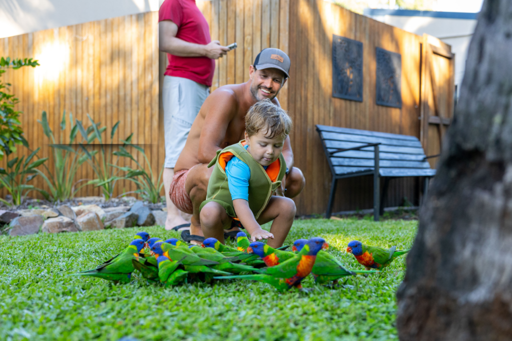 A young boy, wearing a beige vest and blue shirt, is feeding a group of colorful lorikeets on a grassy lawn. An adult man, also in a beige vest and red shorts, kneels beside him, smiling. Another man in a red shirt stands in the background, holding a phone.