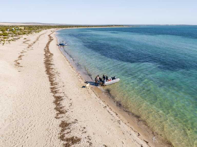 Aerial view of a sandy beach with clear blue water. A group of people are standing near a small boat at the water's edge. The coastline is long and curves gently, with sparse vegetation bordering the sand. Another boat is anchored a short distance from the shore.