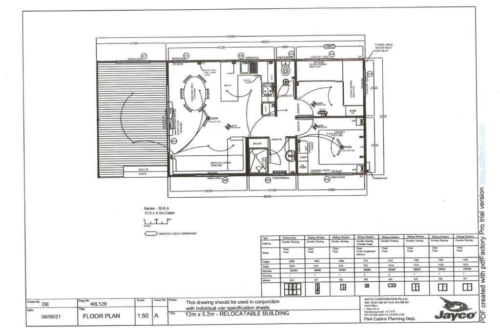 Architectural floor plan for a 12m x 5.2m relocatable building by Jayco. The layout includes two bedrooms, a bathroom, a central living/kitchen area with an L-shaped kitchen counter, and an entry deck. The design is Series-36A with the drawing number 40LS123, scaled 1:50.