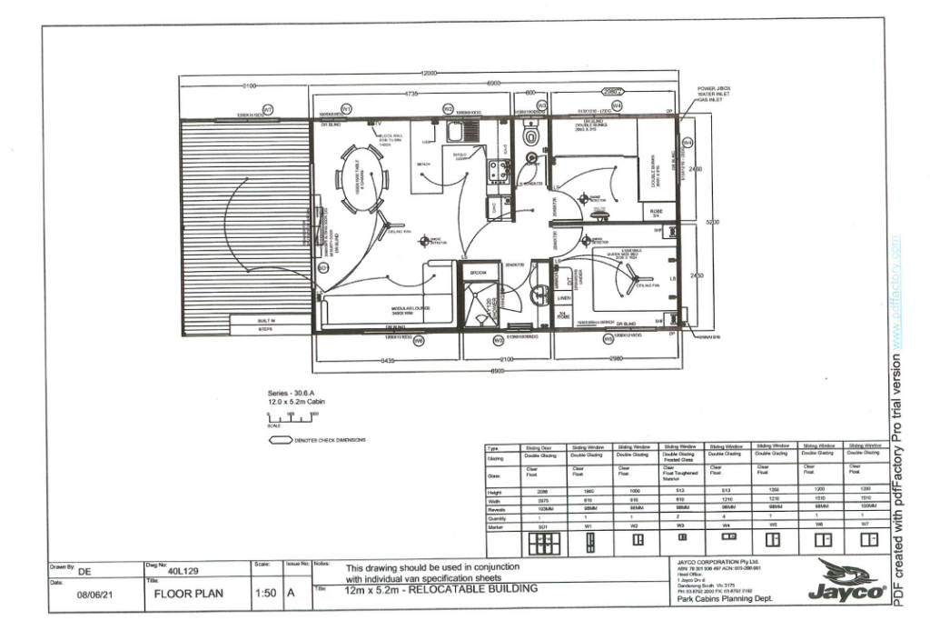 A detailed architectural floor plan of a relocatable building by Jayco. The layout includes multiple rooms, a bathroom, a kitchen area, and entrance spaces. The scale is 1:50, with dimensions 12m x 5.2m. The date on the drawing is 08/06/21.