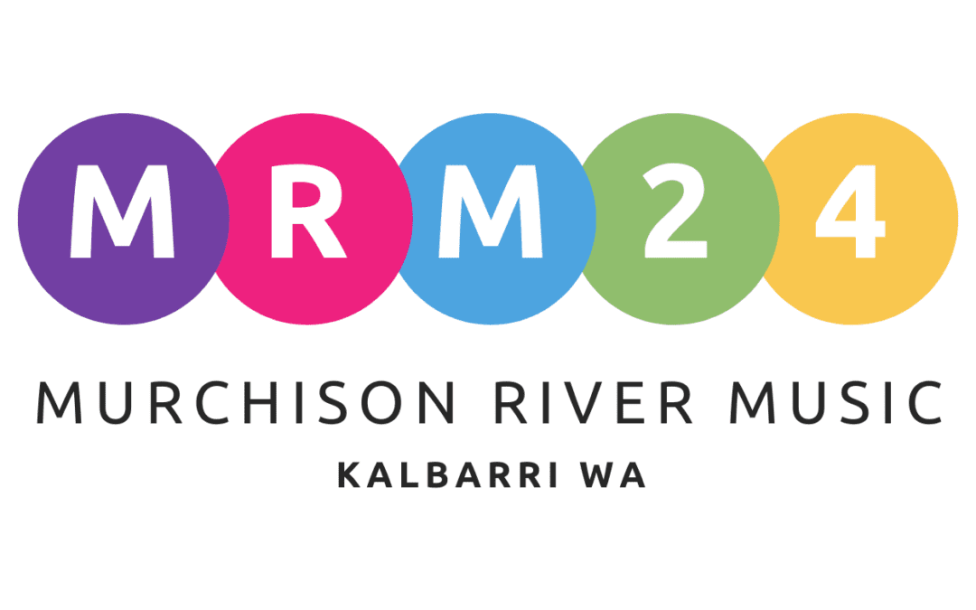 Logo for the Murchison River Music event, labeled "MRM24." The acronym "MRM" consists of letters in purple, pink, and blue circles, while "24" is in a green circle. Beneath it, text reads "Murchison River Music" and "Kalbarri WA" in black letters.