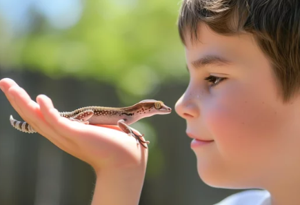 A young boy with short brown hair holds a gecko in his hand. The boy is smiling as he looks closely at the gecko. The background is blurred with natural outdoor lighting.