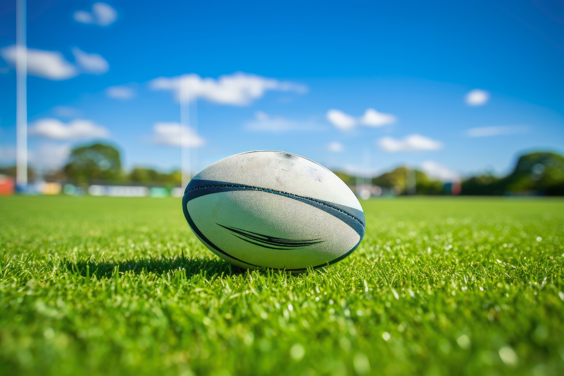 A rugby ball rests on a lush green field under a bright blue sky with scattered white clouds. In the background, goalposts are visible at both ends of the field, surrounded by blurred trees and sideline markers.