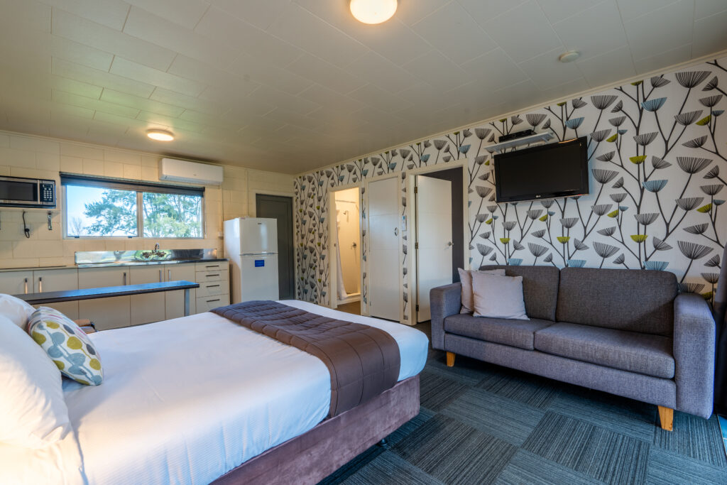 Modern, well-lit hotel room at Coromandel Holiday Park with patterned wallpaper. Room includes a bed with dark brown and white bedding, a gray couch, wall-mounted TV, kitchenette with microwave and refrigerator, and a small dining area. A doorway leads to the bathroom.