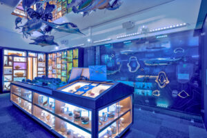 A dimly lit museum exhibit displays marine life. Glass cases contain specimens and models of fish, shells, and marine artifacts. Detailed informational panels and diagrams adorn the walls, while a large display cabinet houses preserved marine creatures.