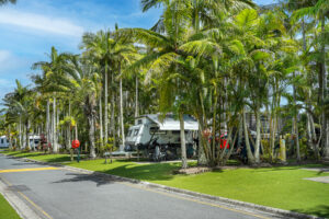 A row of parked RVs and trailers lined by palm trees in a tropical setting. The scene includes a manicured grass area, paved roads, and sunny blue skies, suggesting a vacation or camping site. Bicycles and outdoor furniture are also visible near the RVs.