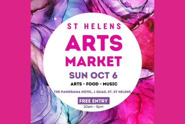 A promotional graphic with text: "ST HELENS ARTS MARKET, Sun Oct 6, Arts - Food - Music. The Panorama Hotel, 1 Quail St, St Helens. FREE ENTRY, 10am - 4pm." The background features colorful purple, pink, and white swirling patterns.