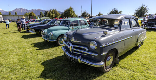 A lineup of classic cars is parked on a grassy field under a clear blue sky. Trees and distant mountains provide a scenic backdrop. People admire the vehicles, with some wearing hats. The cars vary in colors and models, reflecting different eras of automotive design.