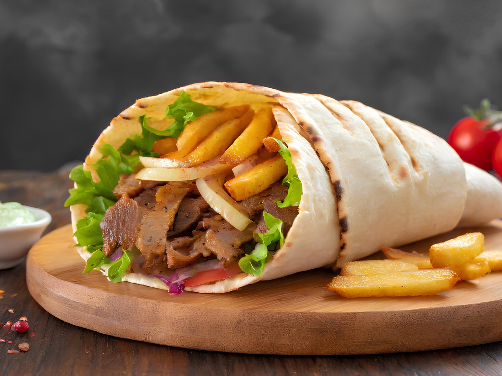 A delicious-looking wrap filled with sliced meat, French fries, lettuce, and onions is placed on a round wooden board. The wrap is slightly open, showcasing the ingredients. A small dish of white sauce and a few cherry tomatoes are visible in the background.