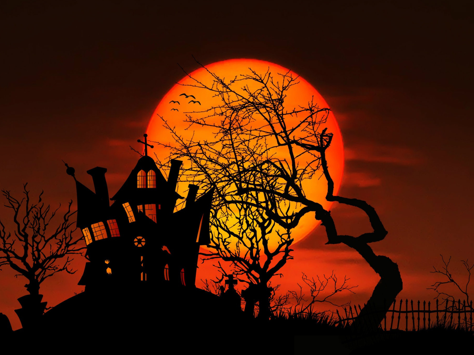 A spooky silhouette of a crooked haunted house on a hill against a large, glowing orange full moon. Leafless, twisted trees surround the house, and bats fly across the moonlit sky.