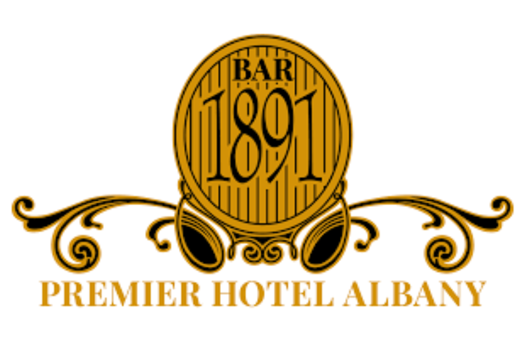 An ornate logo featuring the text "Bar 1891" within a circular design, embellished with intricate scrollwork. Below the circle, in bold golden letters, is "Premier Hotel Albany." The design has a vintage and elegant aesthetic.