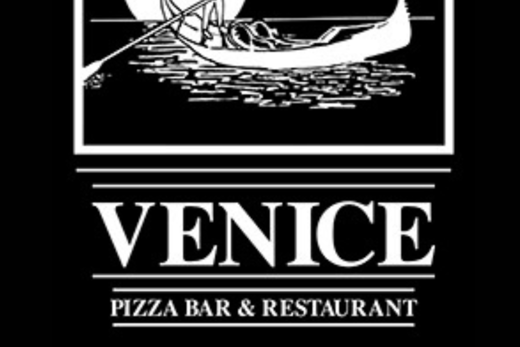 A black and white logo featuring a gondolier rowing a gondola with a passenger, set against a full moon. Below the image, the text reads "VENICE" in large letters, and beneath it in smaller letters, "PIZZA BAR & RESTAURANT.