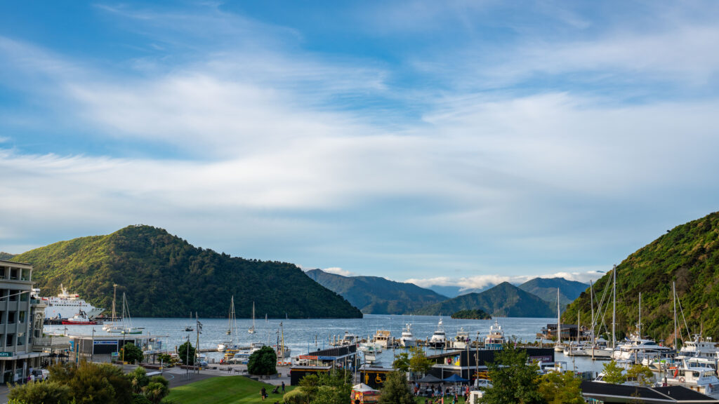 A picturesque marina nestled between lush green hills with numerous boats docked at the harbor, this is one of the must-see attractions near Picton. The serene water extends into the distance, bordered by rolling hills and under a partly cloudy blue sky. Buildings and trees line the water's edge.