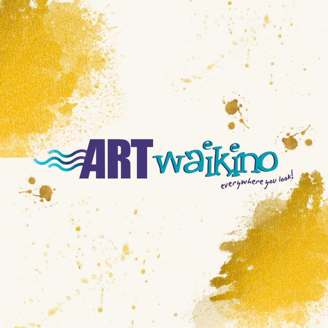 A logo design featuring the text "ART Waikino" with artistic blue waves incorporated in the lettering. Below it, the slogan reads, "everywhere you look!" The background has a splattered yellow paint texture, giving a creative and artsy feel.