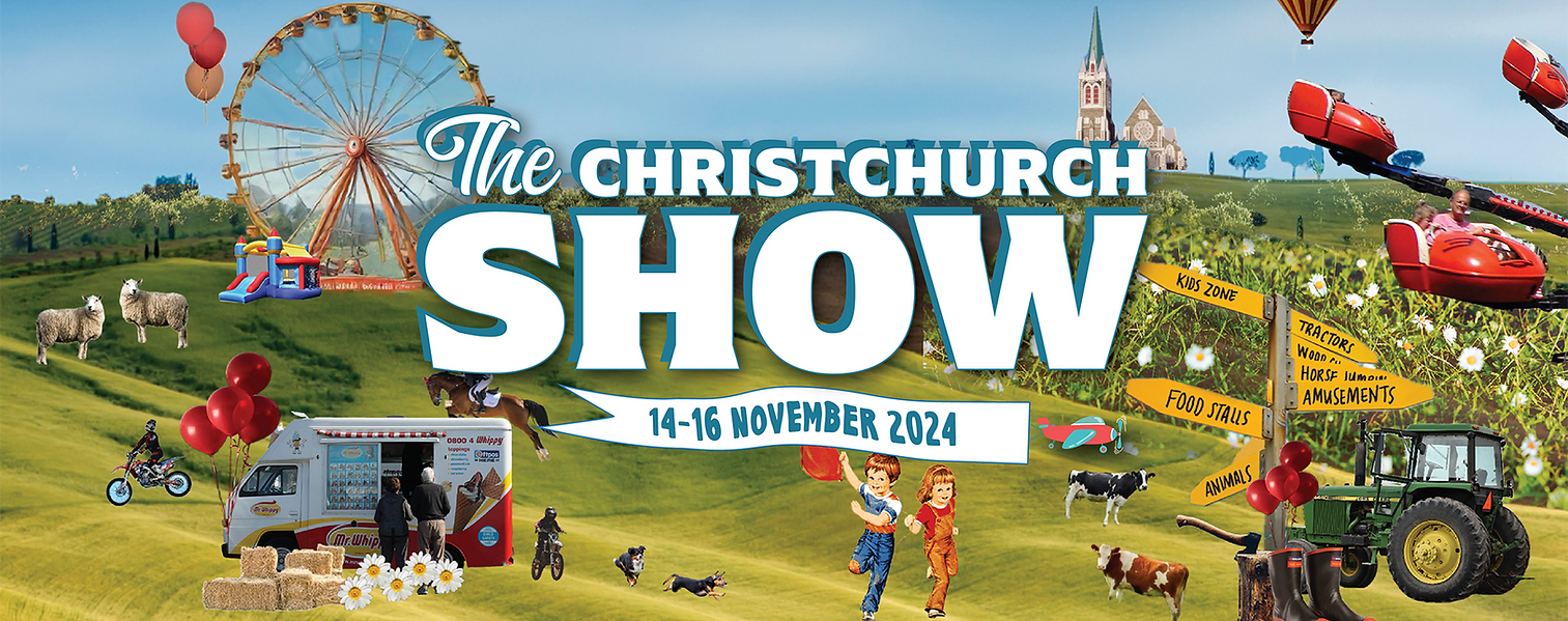 A vibrant poster for "The Christchurch Show" from November 14-16, 2024 features farm animals, a tractor, a ferris wheel, and various activities. A background of lush green fields and a distant church tower is visible. The text reads: "The Christchurch Show, 14-16 November 2024.