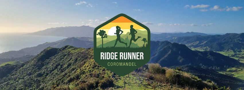 A scenic landscape of rolling hills and a distant ocean is overlayed with the Ridge Runner Coromandel logo, which features silhouettes of three people running and a tree in a green and orange hexagonal design. The sky is clear with a few scattered clouds.