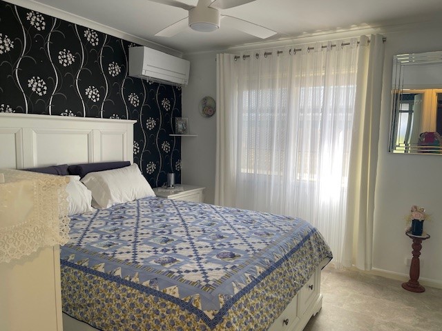 A cozy bedroom with a double bed covered in a blue and white patterned quilt. The room features a white headboard, dark floral accent wall, white furniture, a ceiling fan, and sheer curtains on a large window, allowing natural light to stream in.