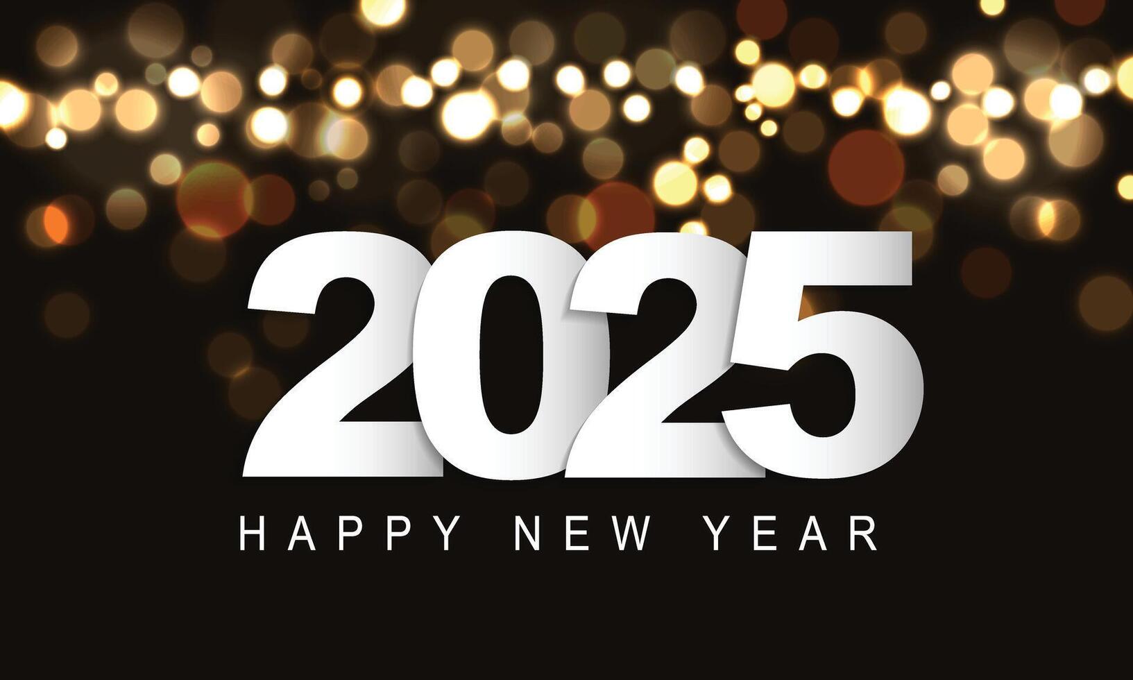 A graphic featuring "2025" in large white numbers with "Happy New Year" written below in smaller white text. The background consists of a dark backdrop with golden bokeh lights, giving a festive and celebratory atmosphere.