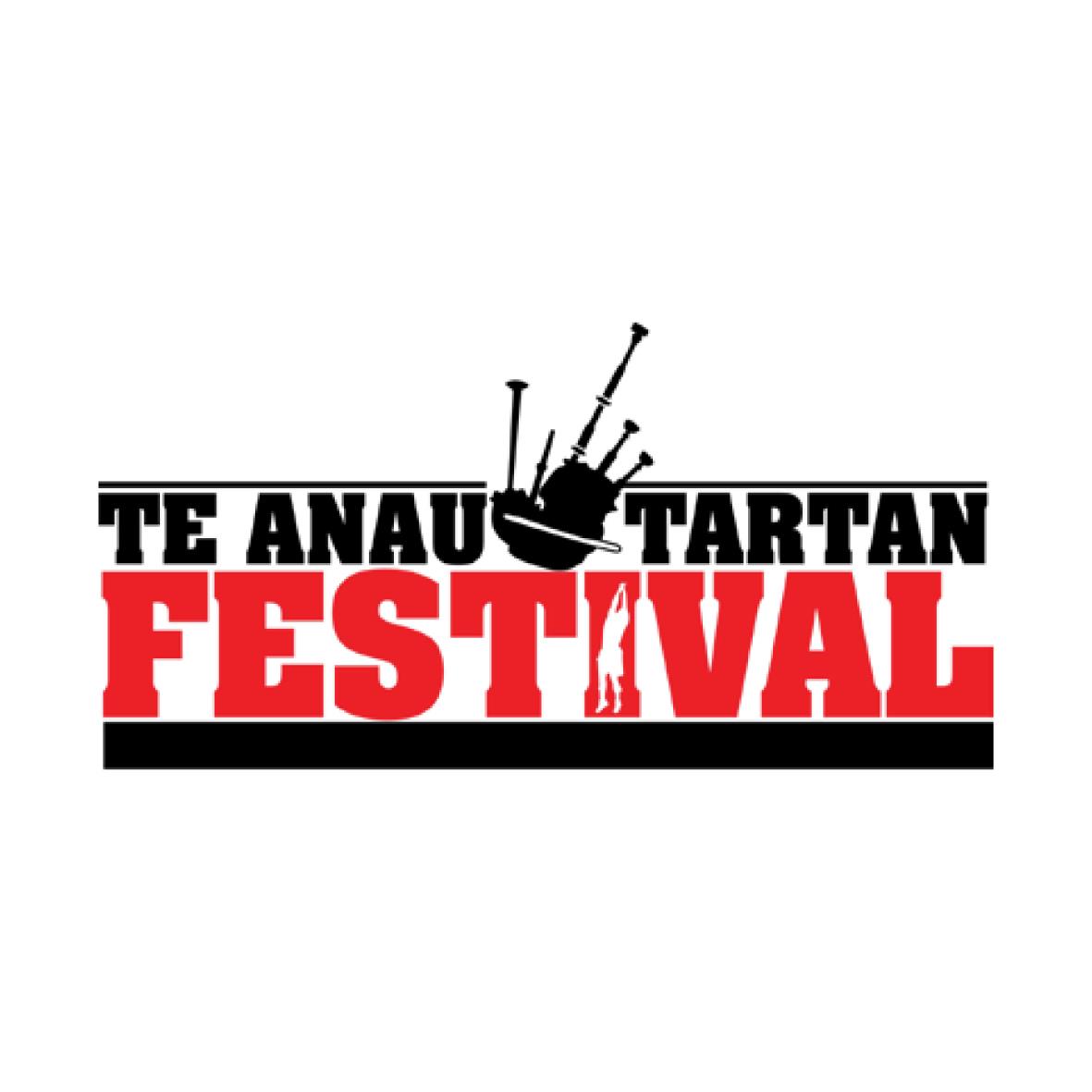 Logo of the Te Anau Tartan Festival featuring a black silhouette of bagpipes above the text. "Te Anau Tartan" is in black letters, and "Festival" is in bold red letters with a small red silhouette of a person climbing the "I" in "Festival.