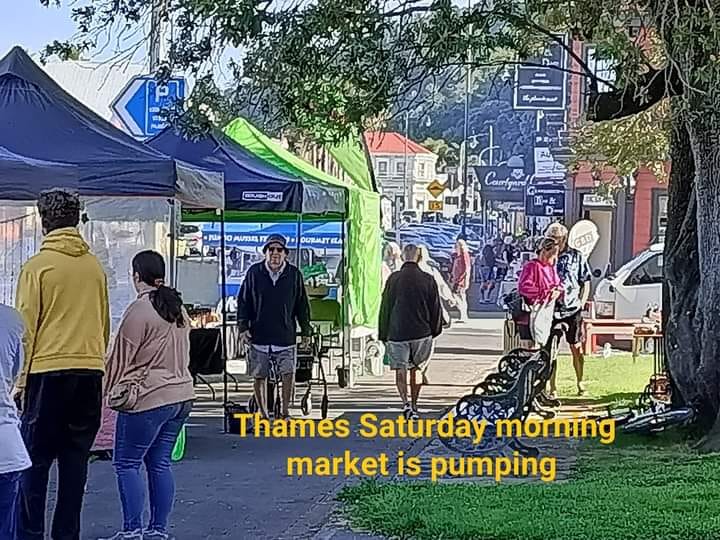 A bustling outdoor market scene with various stalls under tents and people walking around. The background features buildings and trees under a clear sky with the caption "Thames Saturday morning market is pumping" in the foreground.