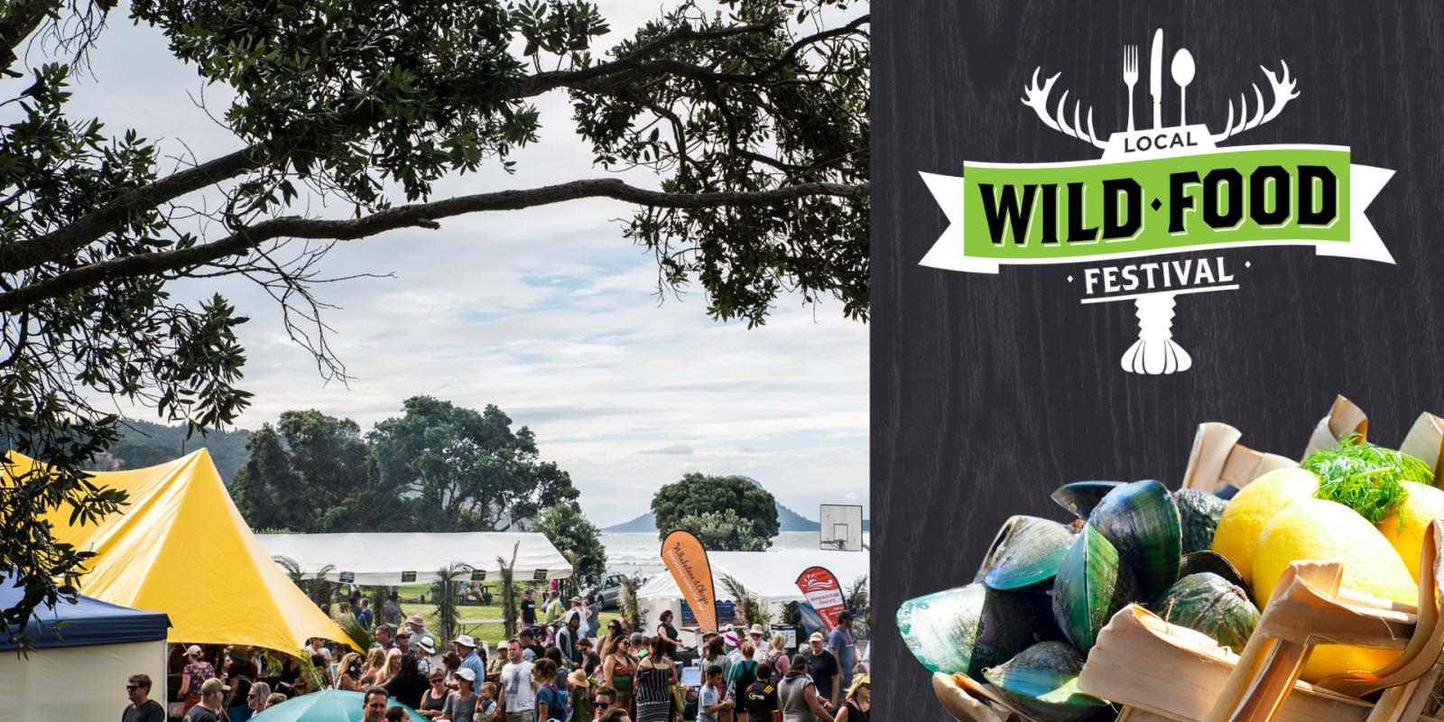 A vibrant outdoor food festival with a crowd gathered under trees and large tents. To the right, there is an image of a dish with mussels and lemons, accompanied by a "Wild Food Festival" logo featuring utensils and antlers.