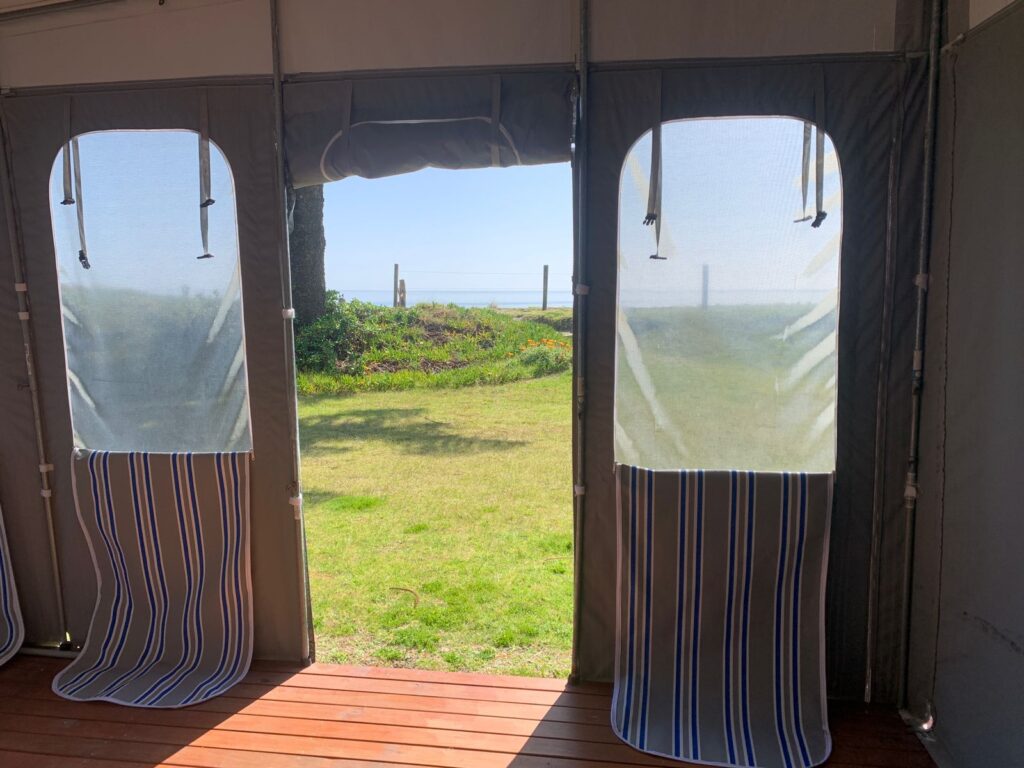 View from inside a tent with open mesh windows, looking out onto a grassy area with yellow flowers and trees. The sky is clear, and the scene exudes a serene, sunny atmosphere. Striped fabric hangs on the lower part of the tent openings.