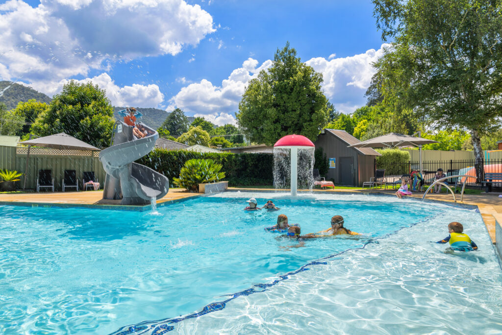 A sunny day at an outdoor pool with children playing and swimming. There's a slide shaped like an elephant and a red mushroom-shaped fountain. The pool is surrounded by trees, a wooden fence, and several lounge chairs.