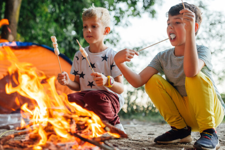 Two children, on their annual leave, sit near a campfire, toasting marshmallows on sticks. One wears a star-patterned shirt and the other a striped shirt. An orange tent is visible in the background, surrounded by trees, enjoying the peaceful serenity of 2025's great outdoors.