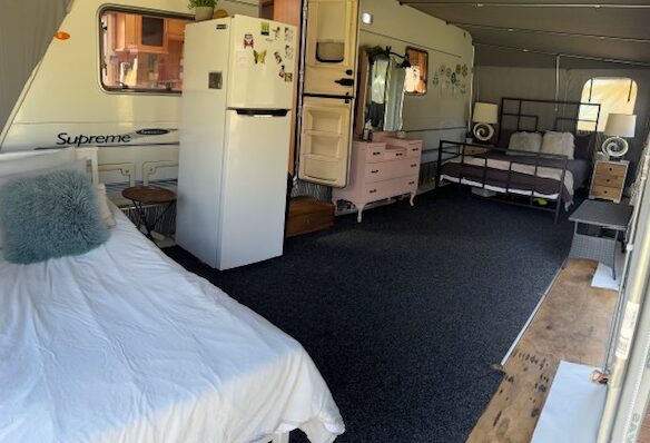 Interior of a caravan with a cozy setup: two beds, a refrigerator with magnets, a pink dresser, and a mirror. The space is carpeted with dark fabric, and there's a mix of soft cushions and plants for decoration. Natural light fills the room.